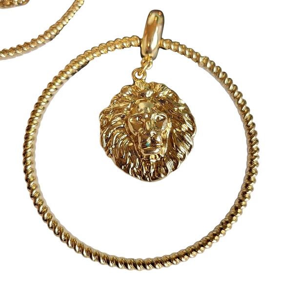 3" Hoop Earrings Gold Large Lion Head Medallion Statement Jewelry , Gift Bag - Picture 4 of 10